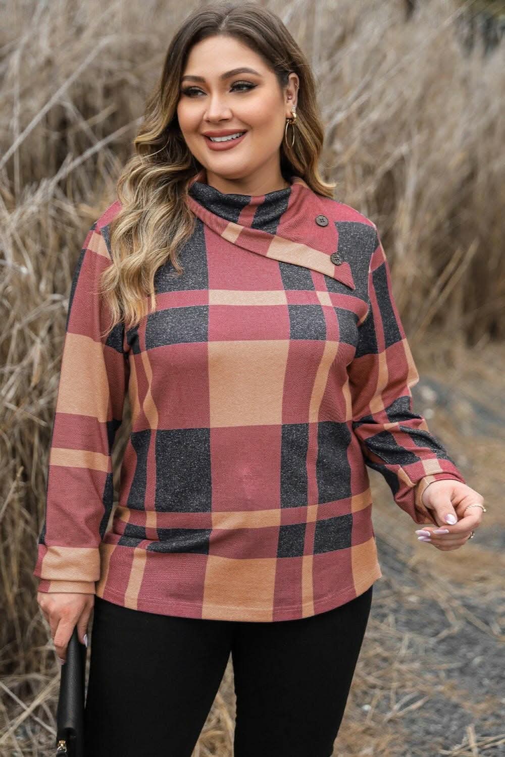 Plaid cowl neck plus size sweatshirt - Love Salve 