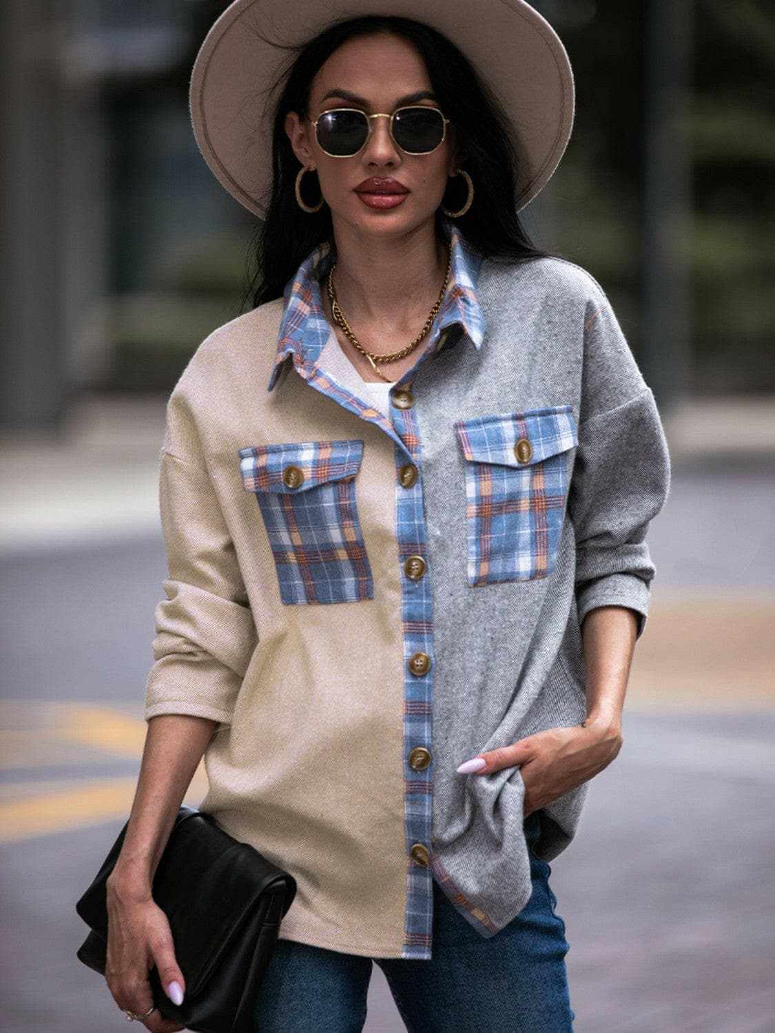 Plaid drop shoulder oversized shacket - Love Salve 