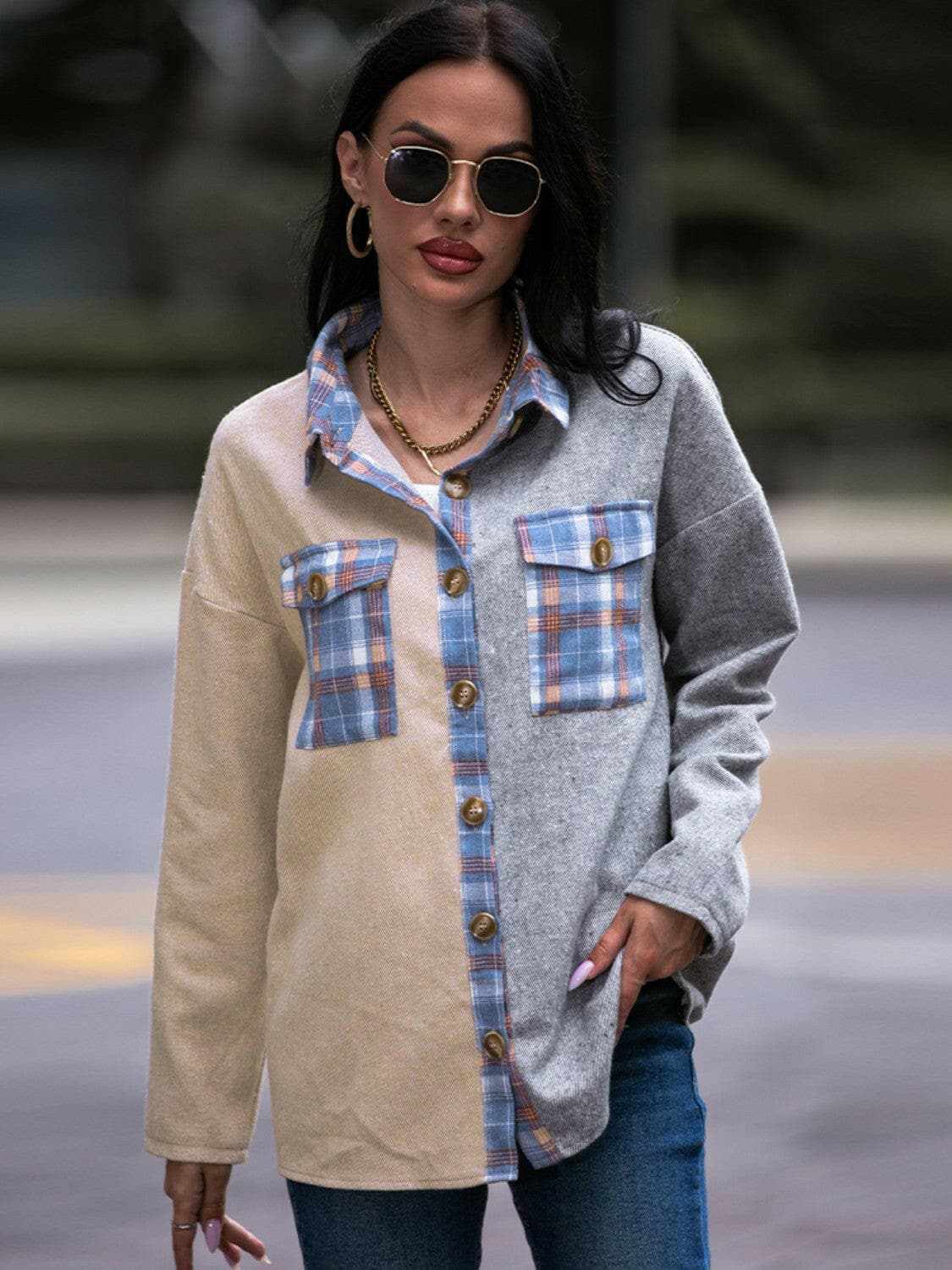 Plaid drop shoulder oversized shacket - Love Salve 