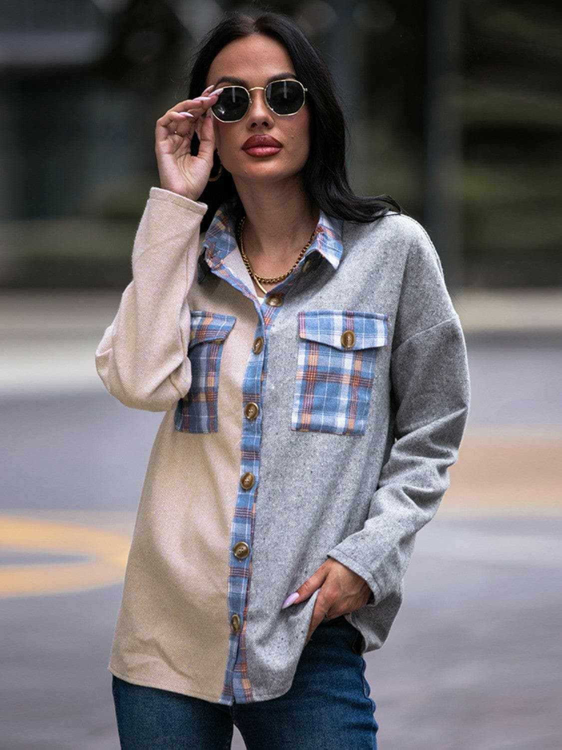 Plaid drop shoulder oversized shacket - Love Salve 
