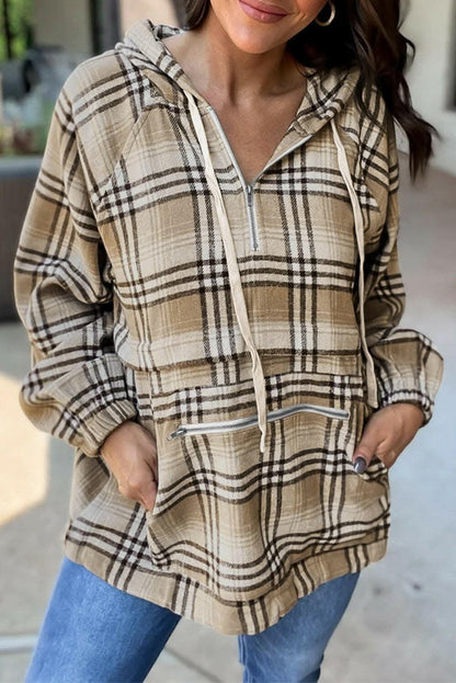 Plaid half zip hoodie with pockets 