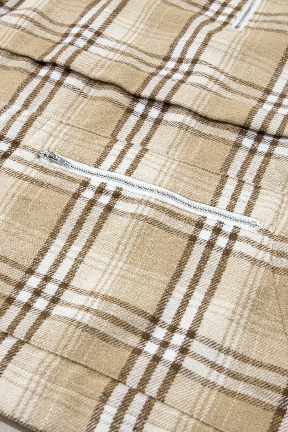 Plaid half zip hoodie with pockets 