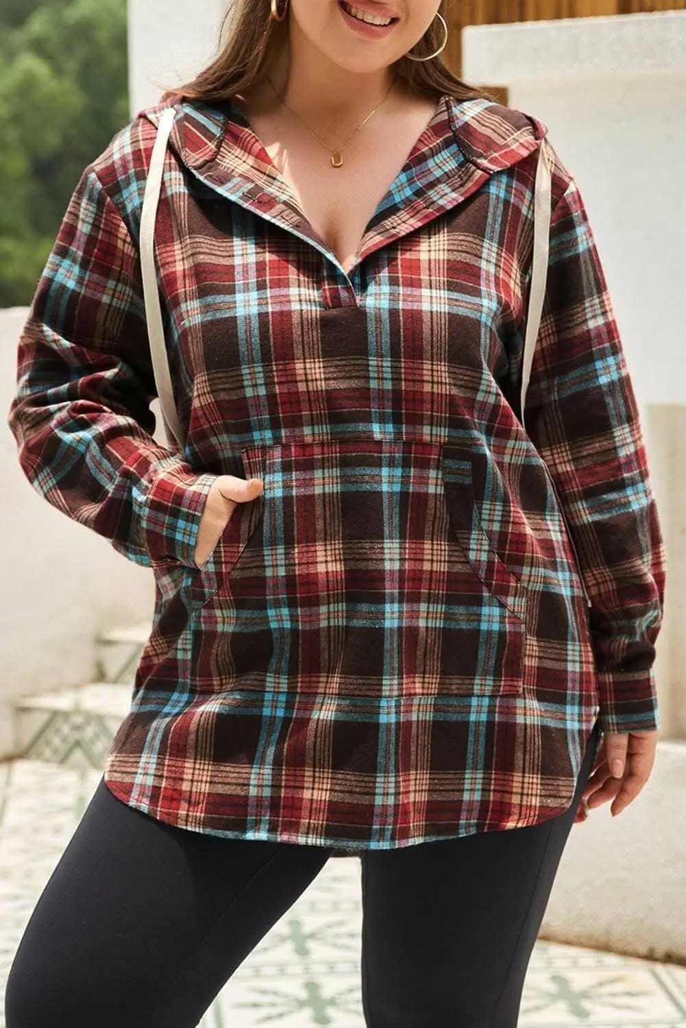 Plaid plus size hoodie with drawstrings - Love Salve 