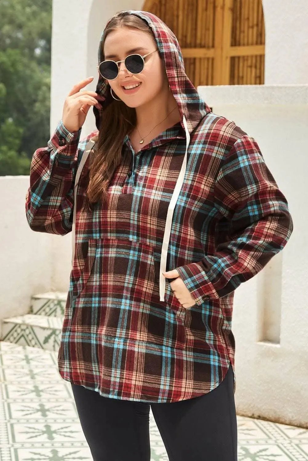 Plaid plus size hoodie with drawstrings - Love Salve 