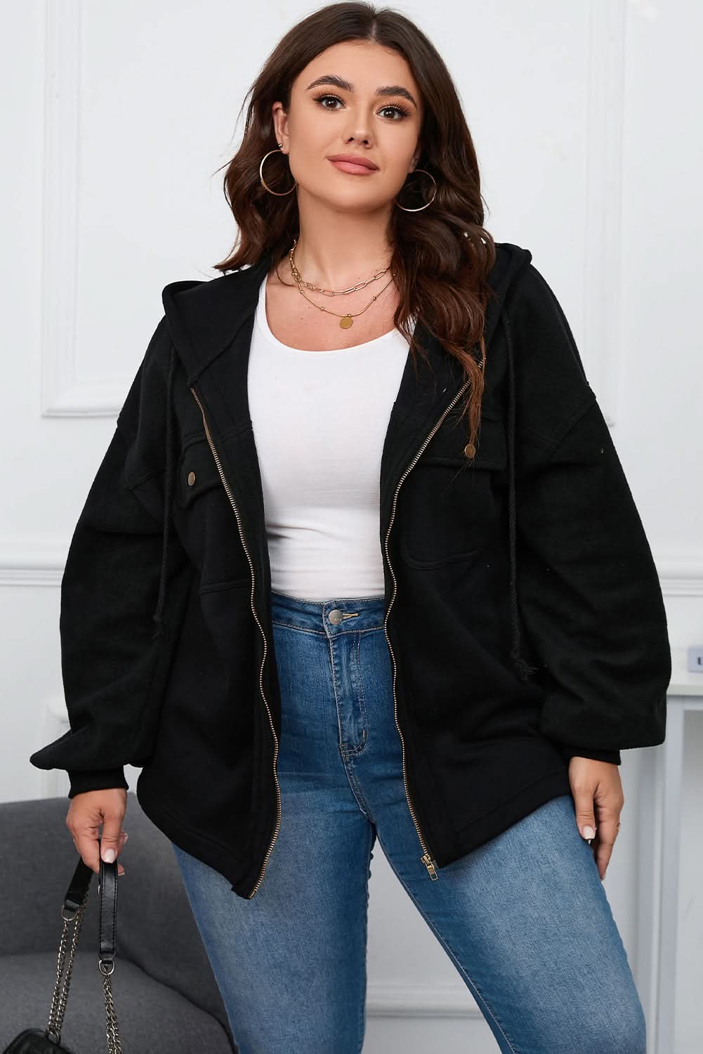 Plus size black hooded jacket - Love Salve 