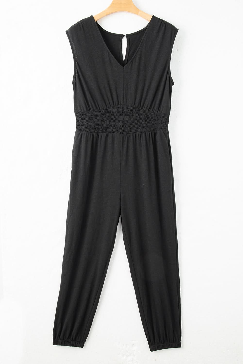 Plus size black smocked jumpsuit 