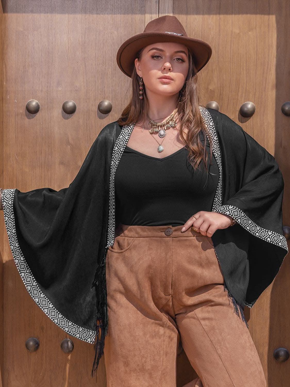 Plus size geometric fringe cardigan - Love Salve 