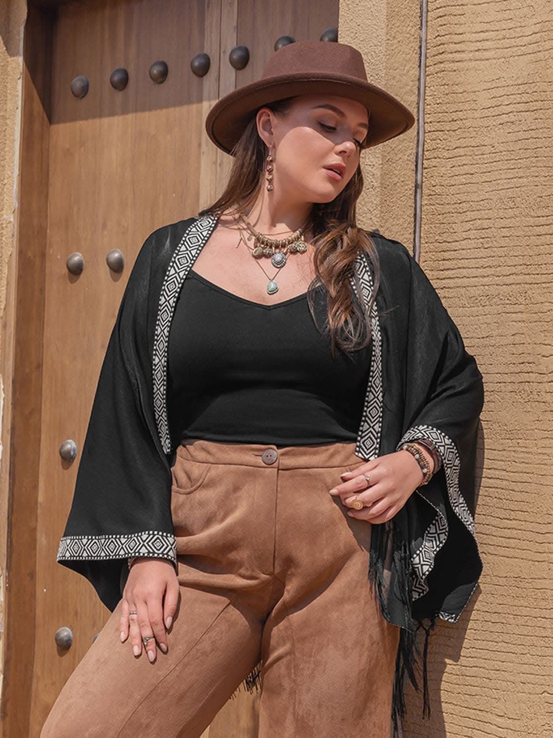 Plus size geometric fringe cardigan - Love Salve 