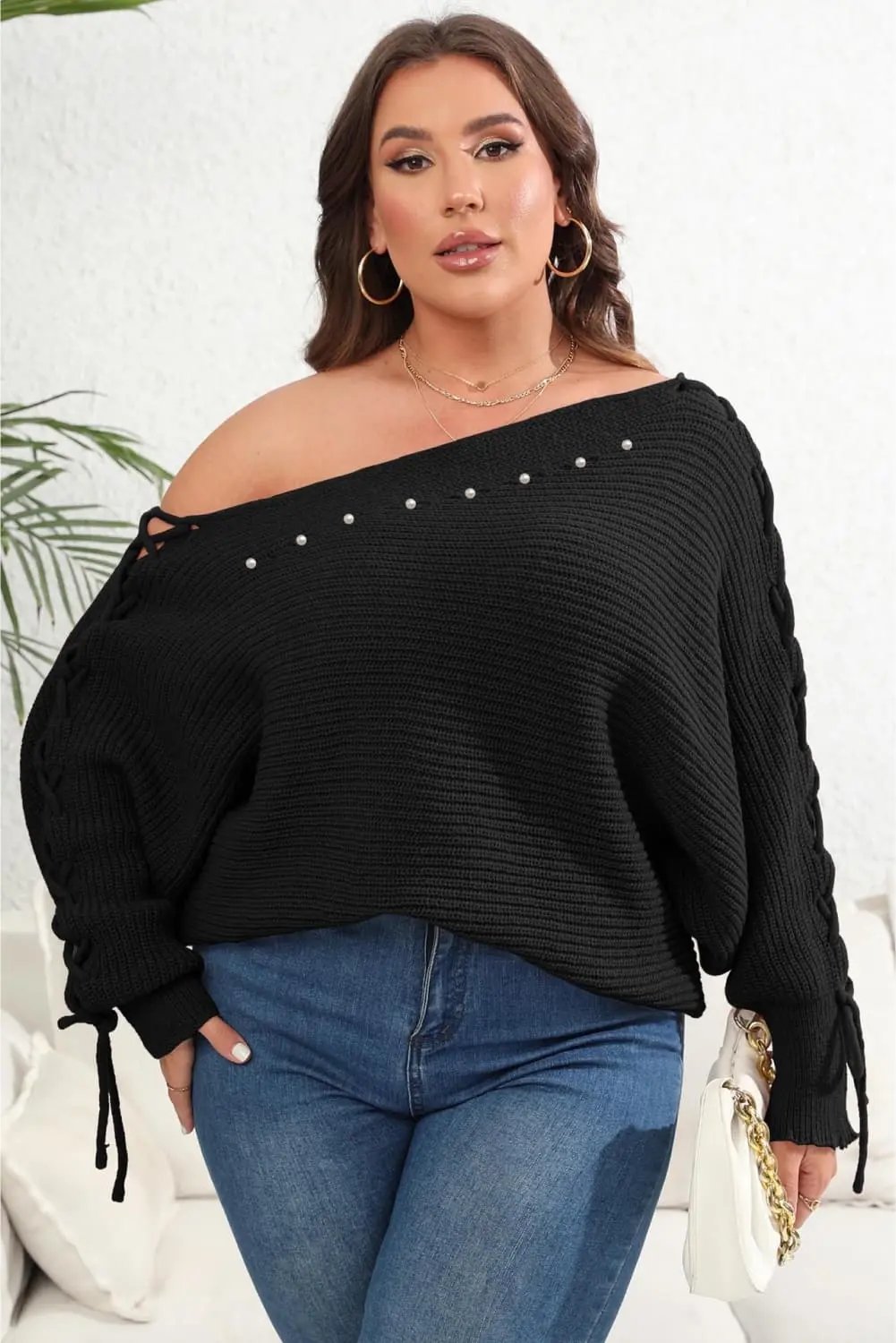 Plus size one shoulder beaded sweater - Love Salve 