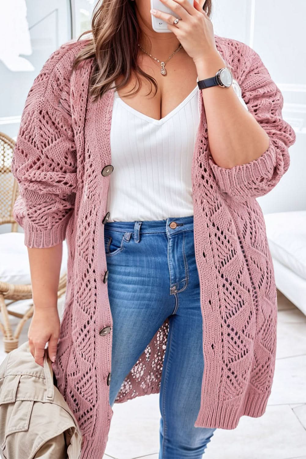 Plus size pink open knit cardigan - Love Salve 