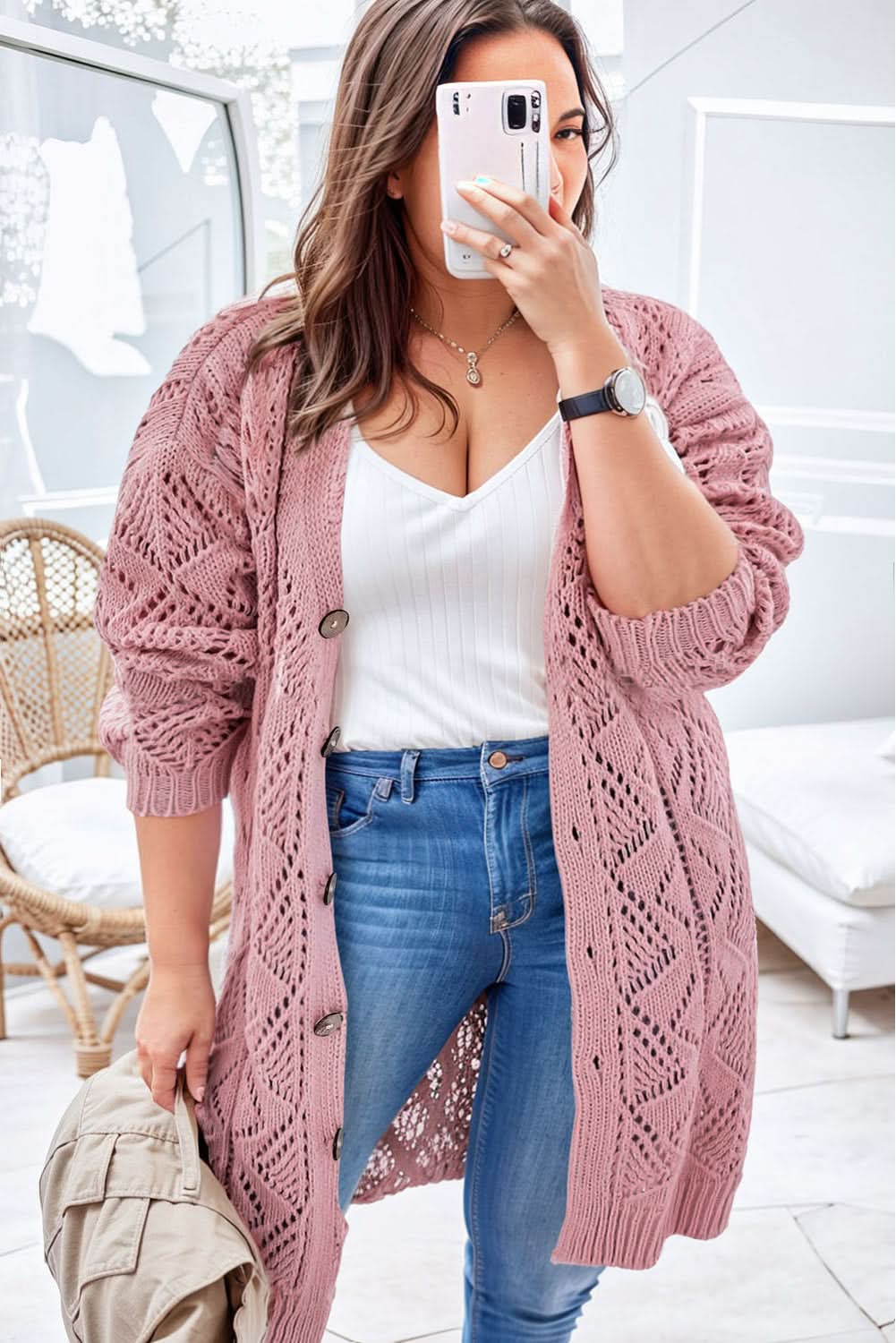 Plus size pink open knit cardigan - Love Salve 