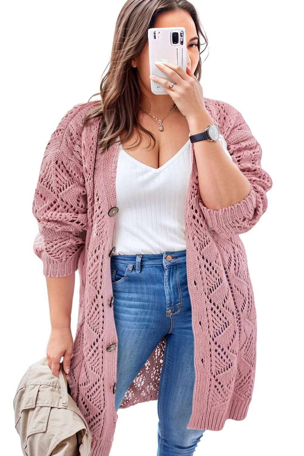 Plus size pink open knit cardigan - Love Salve 