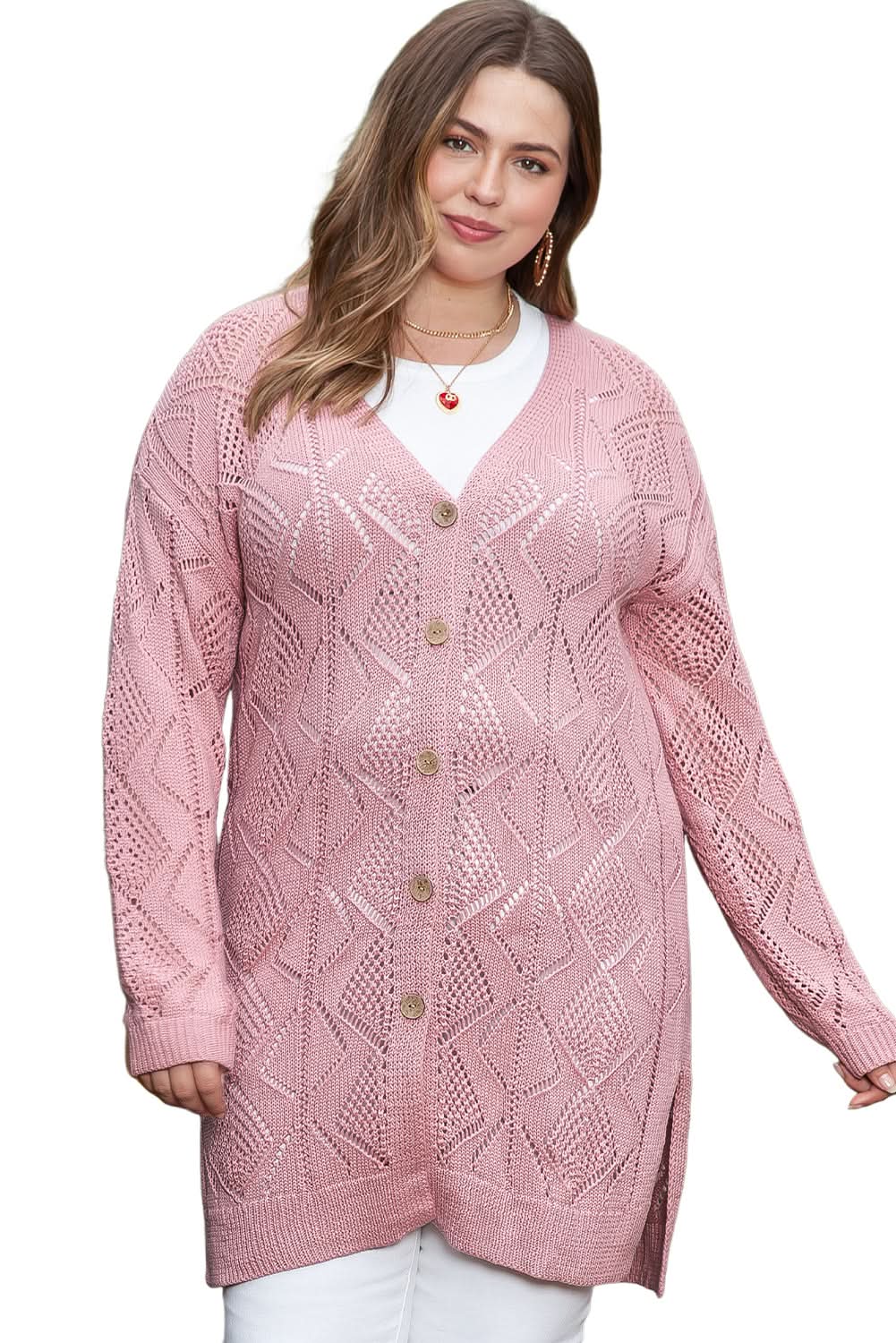 Plus size pink open knit cardigan - Love Salve 