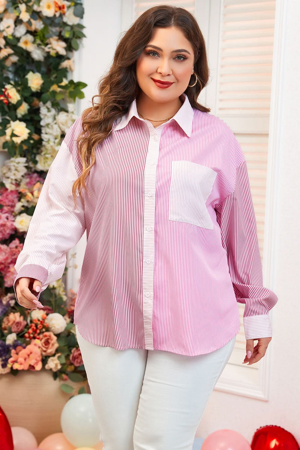 Plus size pink striped shirt - Love Salve 