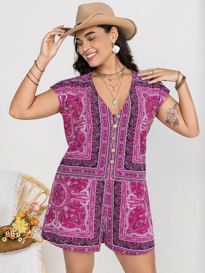 Plus size v-neck printed romper 