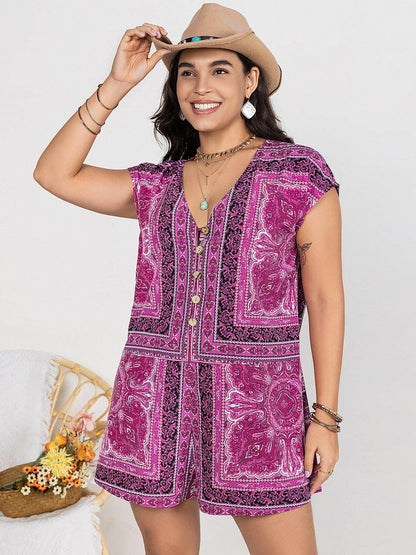 Plus size v-neck printed romper 