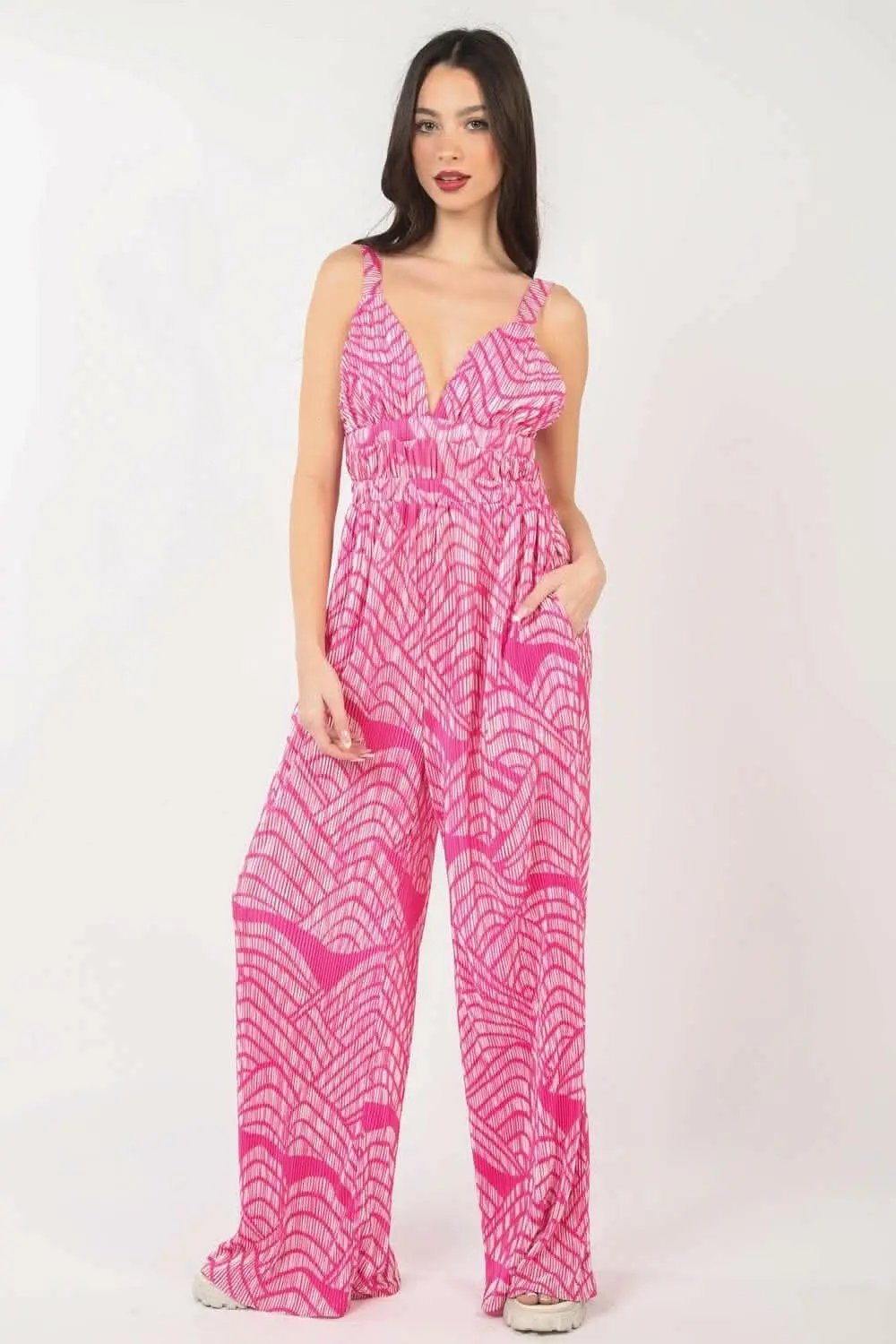 Printed Pattern Wide Leg Jumpsuit with Sleeveless Style - Love Salve 