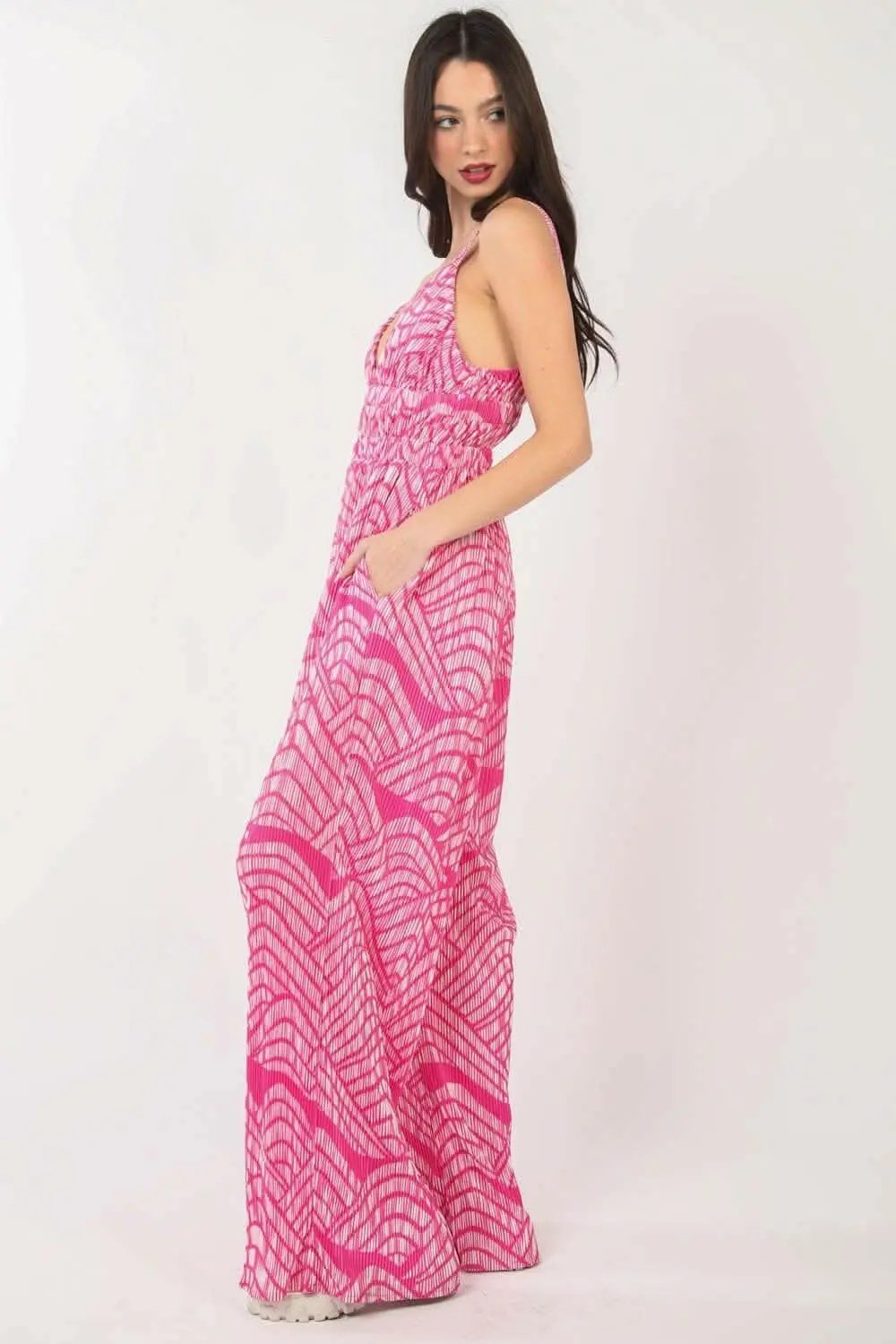 Printed Pattern Wide Leg Jumpsuit with Sleeveless Style - Love Salve 
