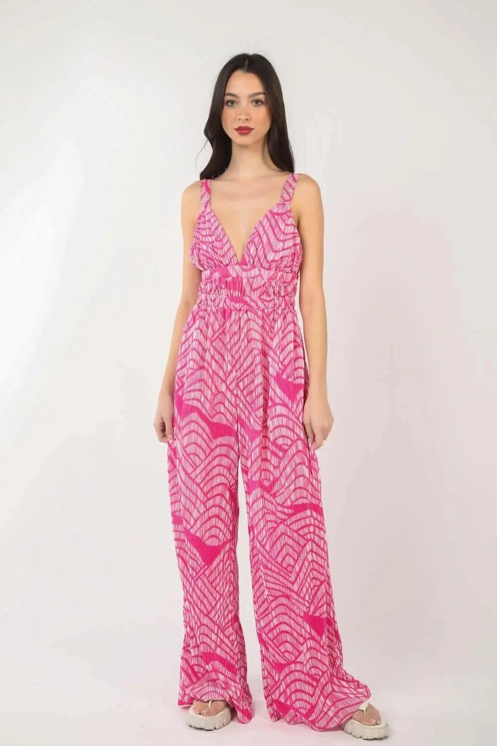 Printed Pattern Wide Leg Jumpsuit with Sleeveless Style - Love Salve 