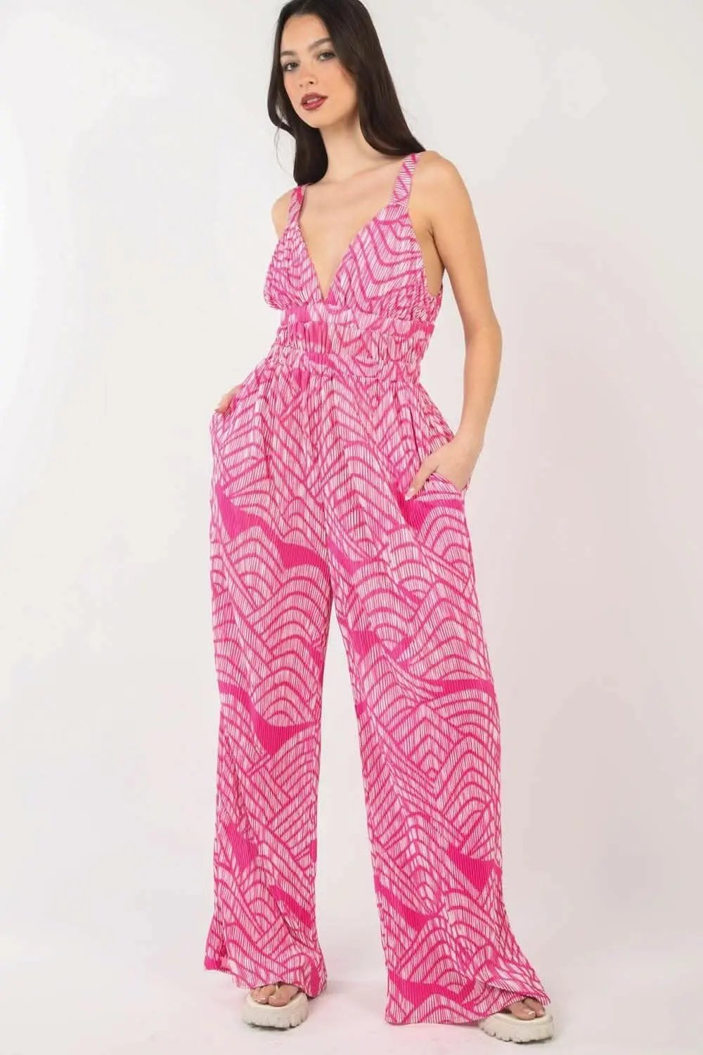 Printed Pattern Wide Leg Jumpsuit with Sleeveless Style - Love Salve 