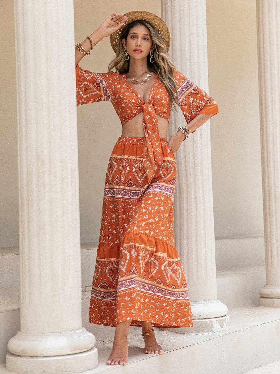 Printed plunge top and skirt set - Love Salve 