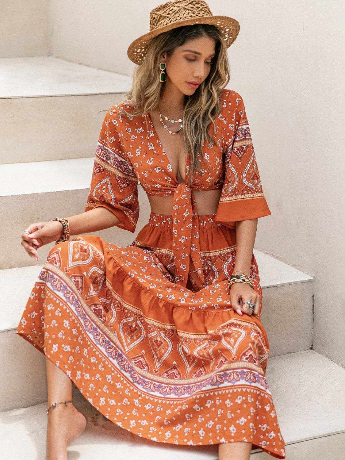 Printed plunge top and skirt set - Love Salve 