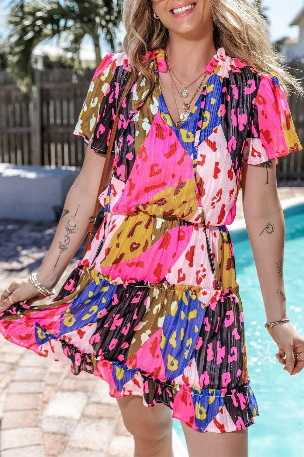 Printed tie neck mini dress 