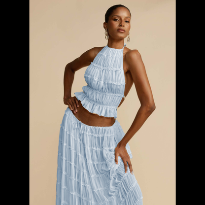 Backless lace-up halter top set and two-piece chiffon pleated long skirt with earrings.