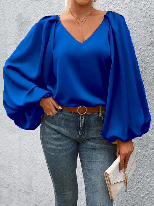 Lantern Sleeve Blouse With V Neck And Puff Sleeves Lightweight Fabric Miss Sparkling