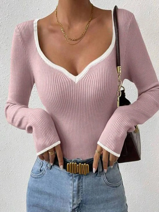 Ribbed Long Sleeve Top Slim Fit V Neck With Contrast Trim Miss Sparkling