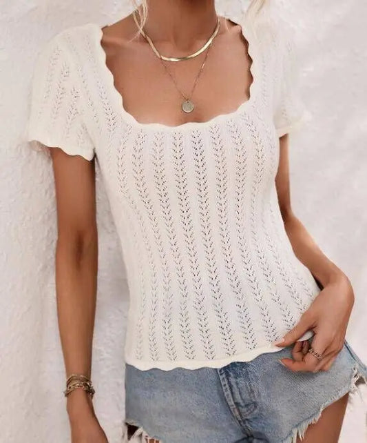 Ruffle Detail Knit Top U Neck Relaxed Fit Color Block Casual Miss Sparkling