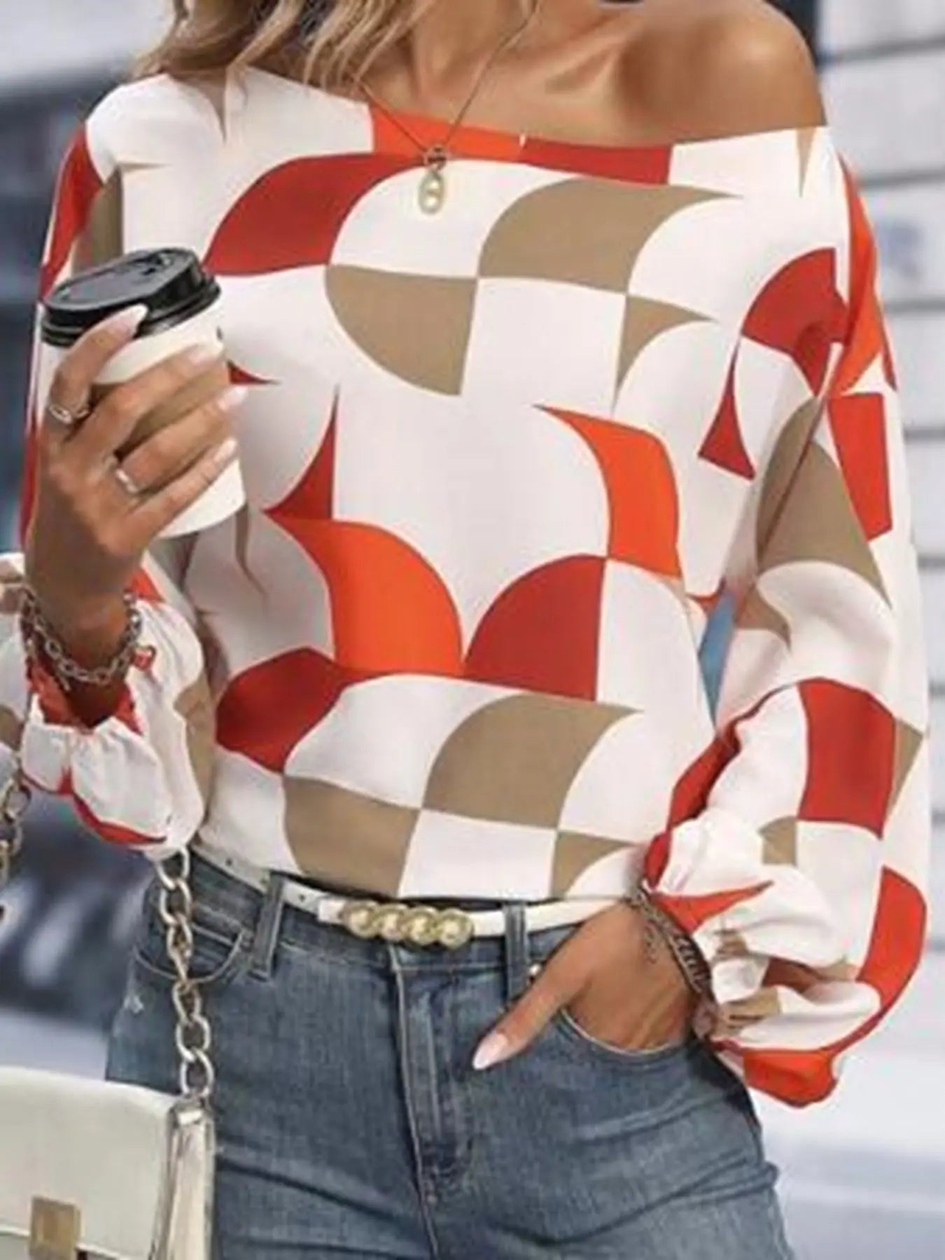 Geometric Print Lantern Sleeves Top Miss Sparkling