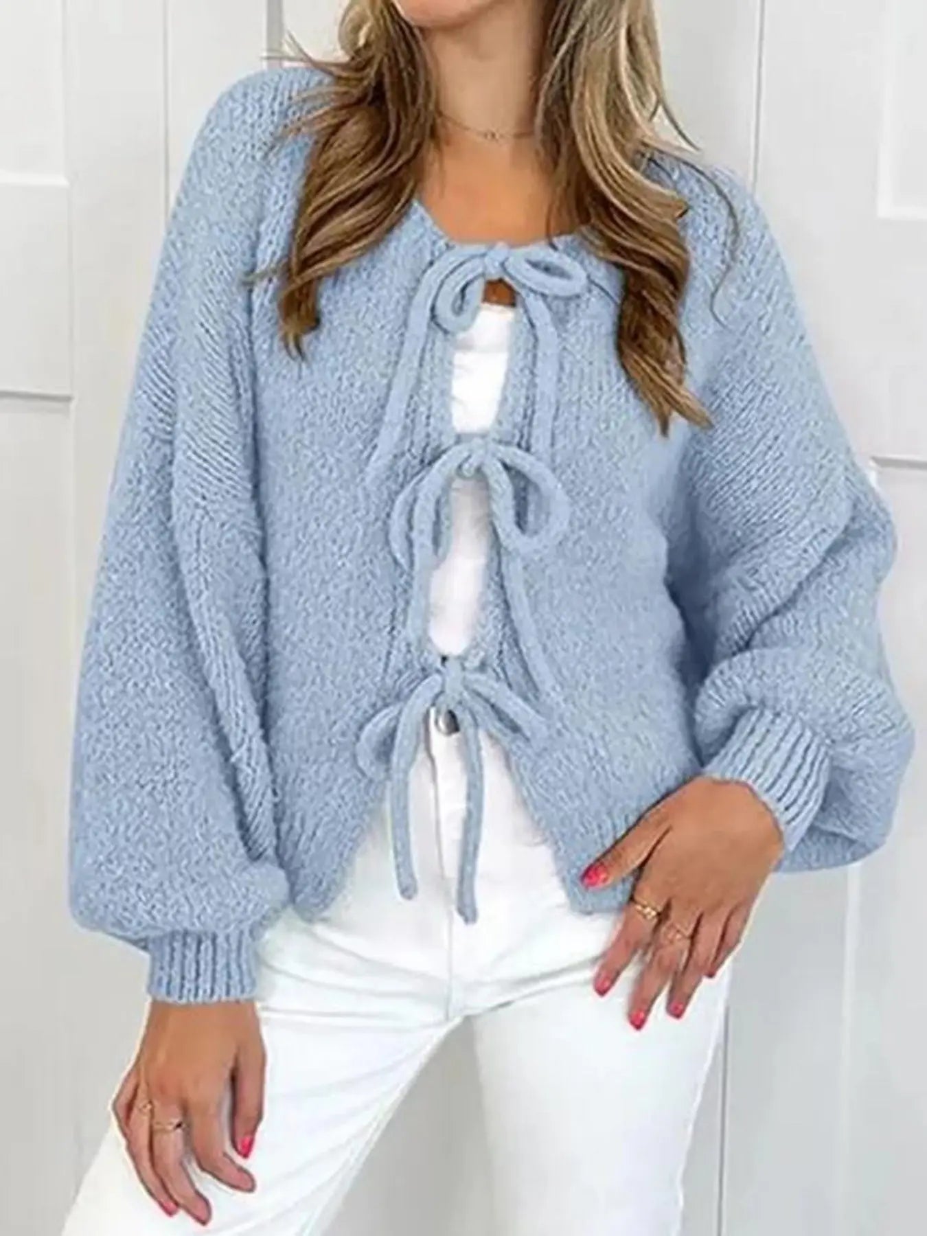 V Neck Bow Tie Front Cardigan With Lantern Sleeves Miss Sparkling