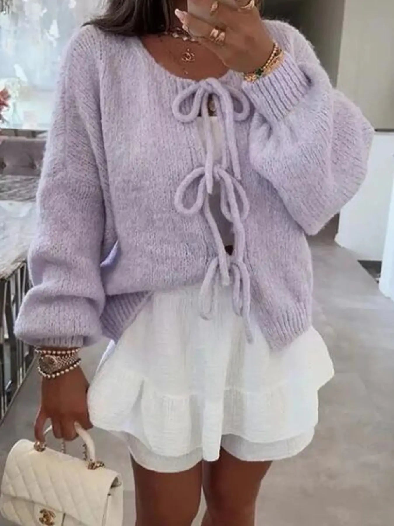 V Neck Bow Tie Front Cardigan With Lantern Sleeves Miss Sparkling