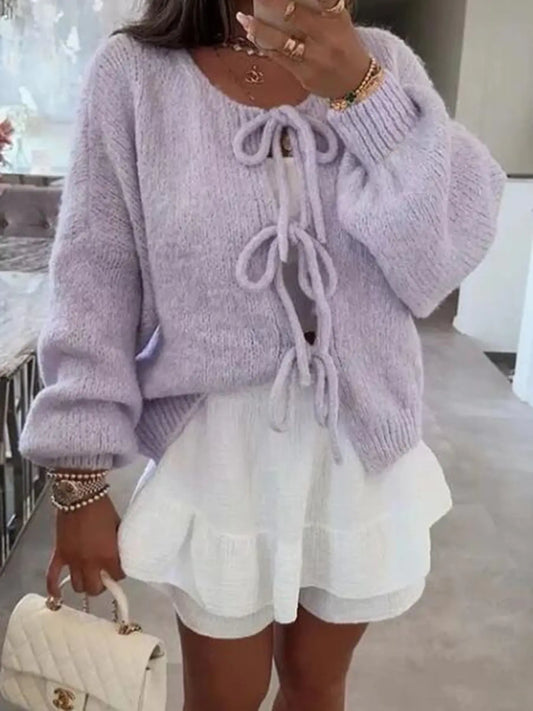 V Neck Bow Tie Front Cardigan With Lantern Sleeves Miss Sparkling