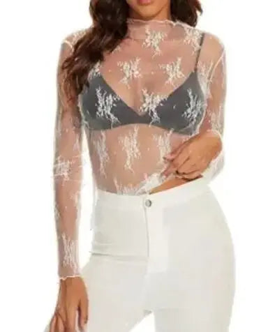 Long Sleeve Mesh Top With Mock Neck And Floral Embroidery Miss Sparkling