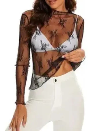 Long Sleeve Mesh Top With Mock Neck And Floral Embroidery Miss Sparkling