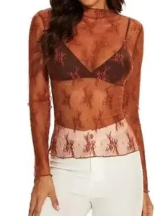 Long Sleeve Mesh Top With Mock Neck And Floral Embroidery Miss Sparkling