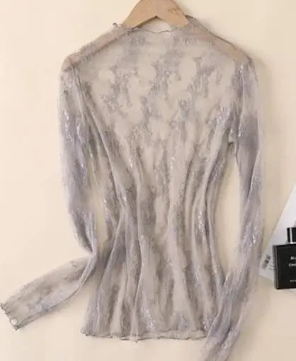 Long Sleeve Mesh Top With Mock Neck And Floral Embroidery Miss Sparkling