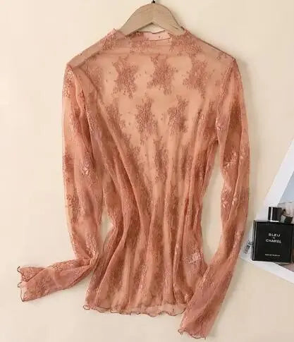 Long Sleeve Mesh Top With Mock Neck And Floral Embroidery Miss Sparkling