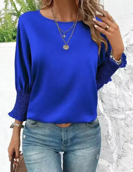 Smocked Cuffs Long Sleeve Blouse Solid Color Versatile For Occasions Miss Sparkling