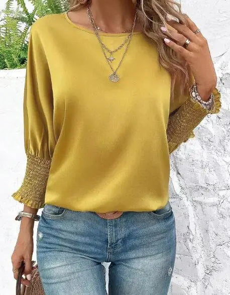 Smocked Cuffs Long Sleeve Blouse Solid Color Versatile For Occasions Miss Sparkling