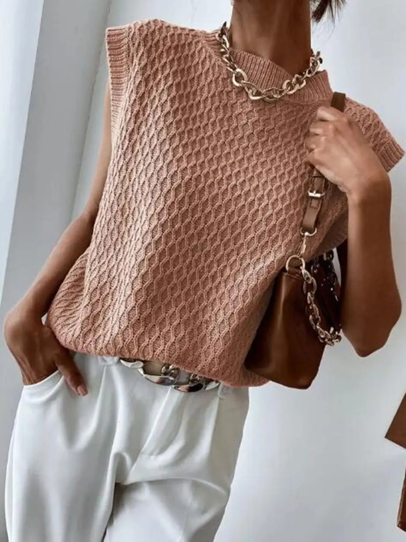 Retro Inspired Solid Knit Sweater Vest With Round Neck And Relaxed Fit Miss Sparkling