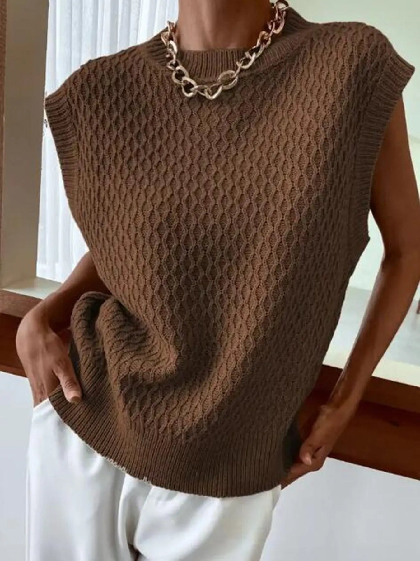 Retro Inspired Solid Knit Sweater Vest With Round Neck And Relaxed Fit Miss Sparkling
