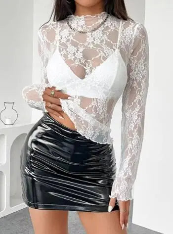 White Lace Long Sleeve Crop Top Sheer Mesh Ruffle Trim Spring Fashion Miss Sparkling