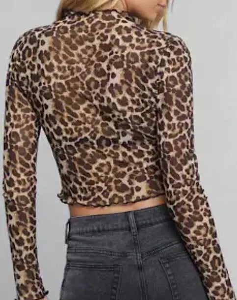 Leopard Print Cropped Mesh Long Sleeve Top With Sheer Inner Miss Sparkling
