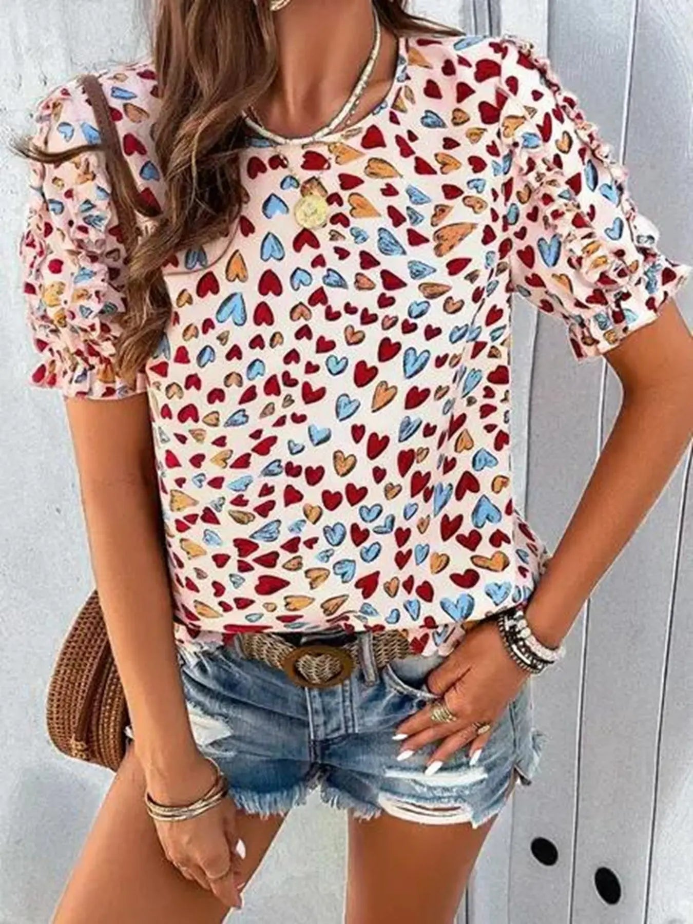 Round Neck Heart Print Ruffled Sleeve Top Lightweight Comfortable Casual Miss Sparkling