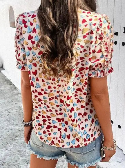 Round Neck Heart Print Ruffled Sleeve Top Lightweight Comfortable Casual Miss Sparkling