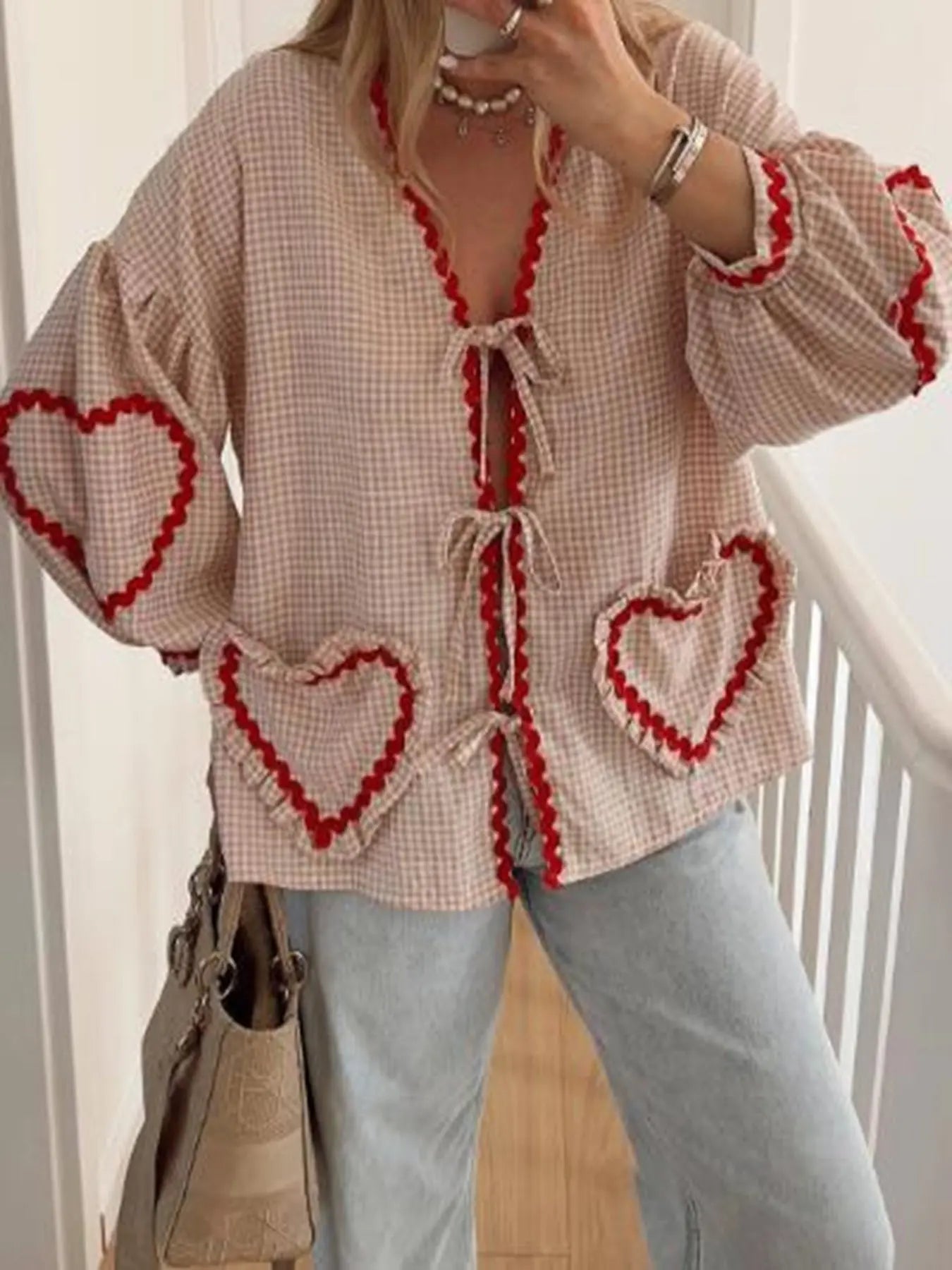 Front Tie Lantern Sleeve Top With Heart Embellishments And Ribbon Details Miss Sparkling