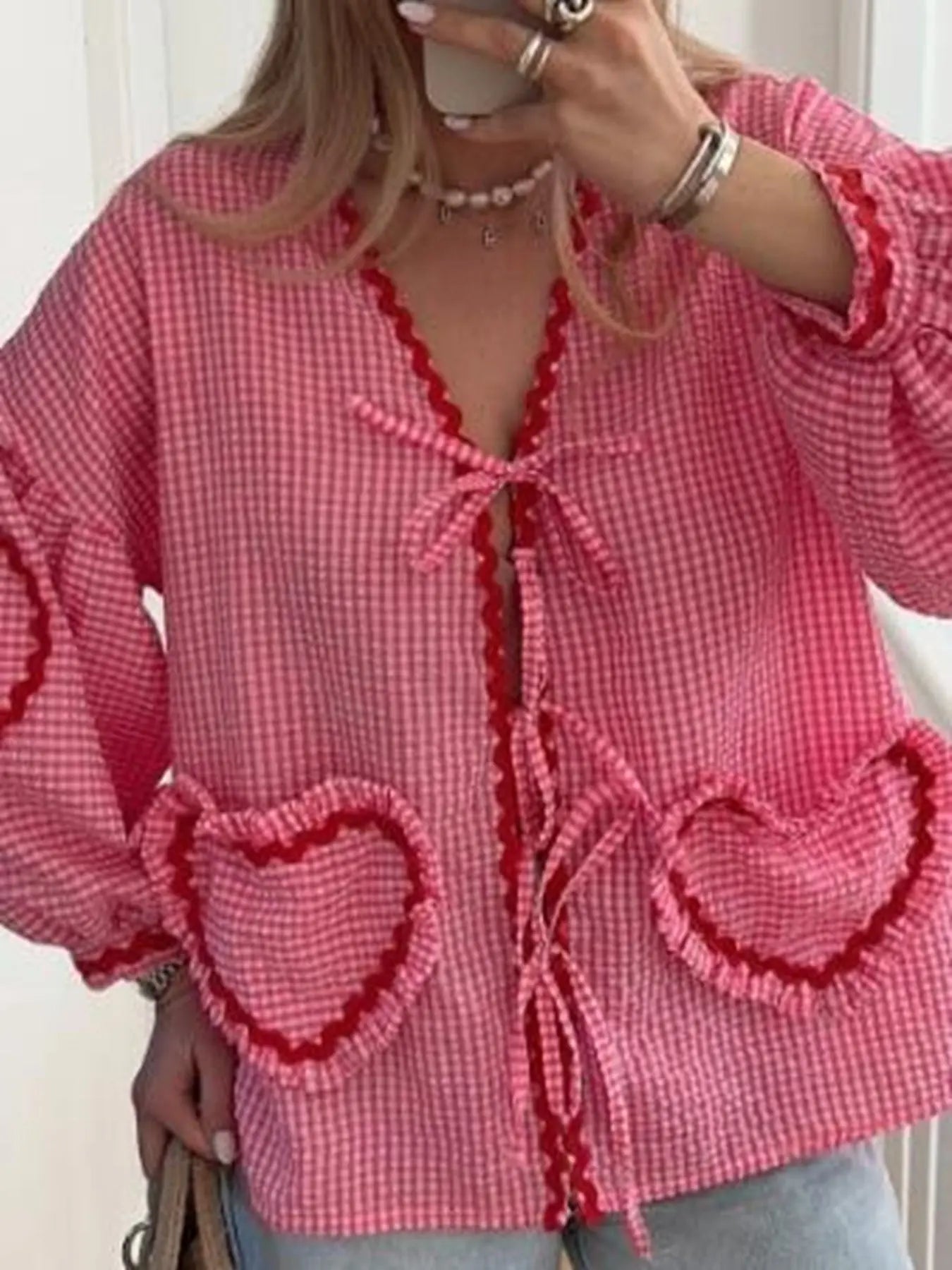 Front Tie Lantern Sleeve Top With Heart Embellishments And Ribbon Details Miss Sparkling